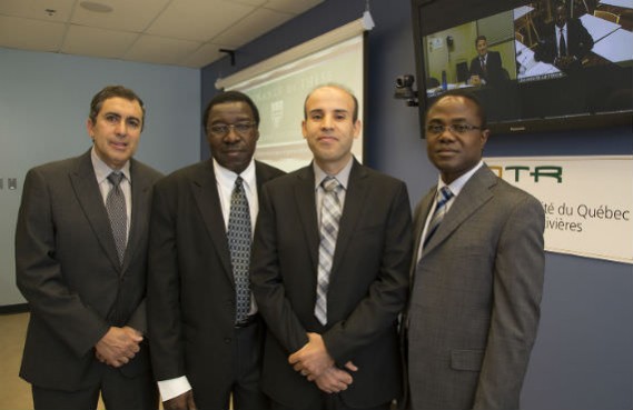 De gauche à droite : Ahmed Chériti, Mamadou Lamine Doumbia, Karim Belmokhtar, Kodjo Agbossou. En visioconférence : Mohand Ouhrouche et Brayima Dakyo. (Photo Daniel Jalbert)