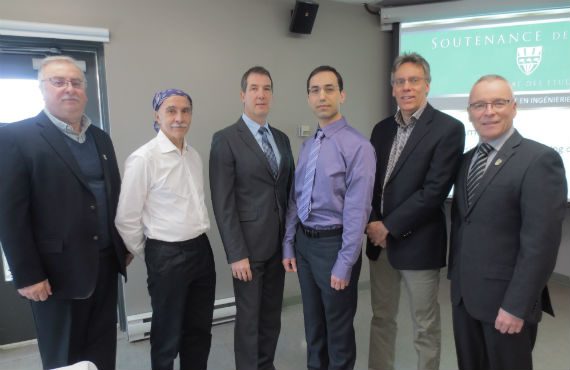 De gauche à droite: Georges Abdul-Nour, Ph. D. (UQTR), Larry Lessard, Ph. D. (UQTR), Luc Laperrière, Ph. D. (UQTR), Ehsan Ameri, étudiant, Gilbert Lebrun, Ph. D. (UQTR) et Bruno Chabot, Ph. D. (UQTR).