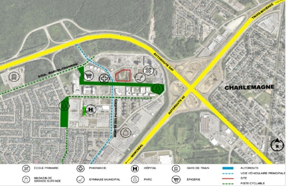 Carte indiquant l'emplacement du futur Quartier universitaire de Terrebonne, aux abords des autoroutes 40 et 640.